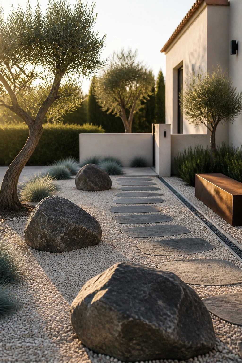 A gravel garden path lined with large dark boulders and stepping stones leads toward a modern house entrance, with olive trees and shrubs on both sides.