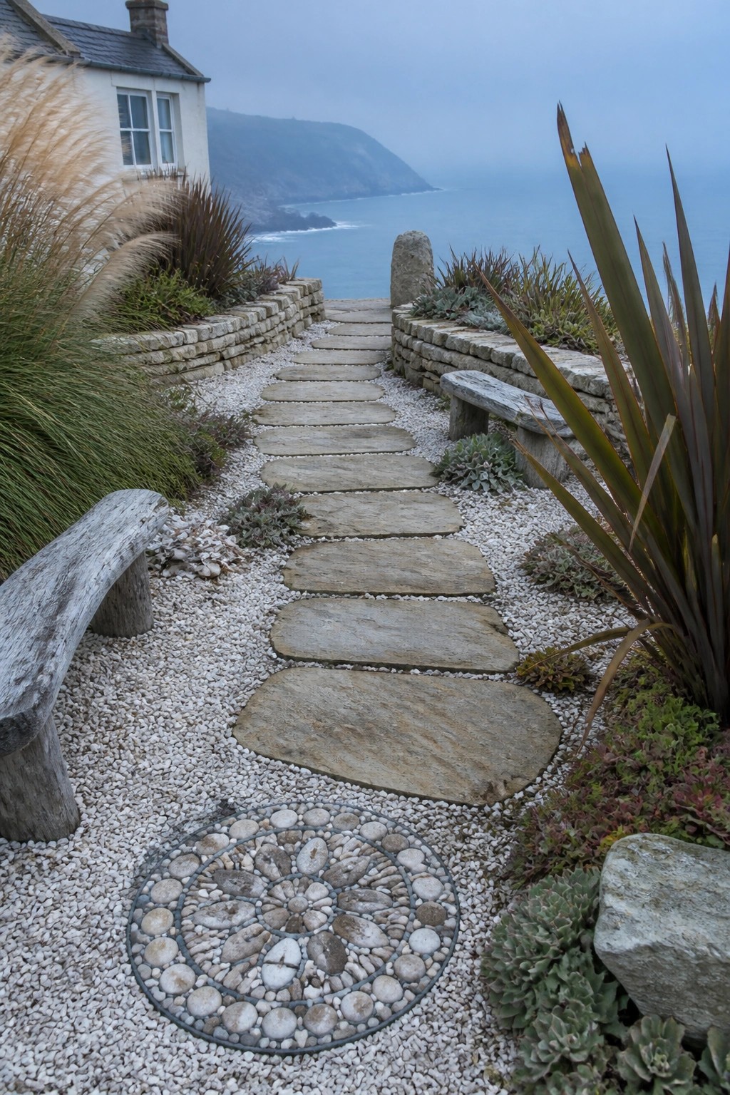 A winding garden path of large flat stone slabs set in white gravel, bordered by low stone walls, wooden benches, and tall grasses, with the sea visible in the background.