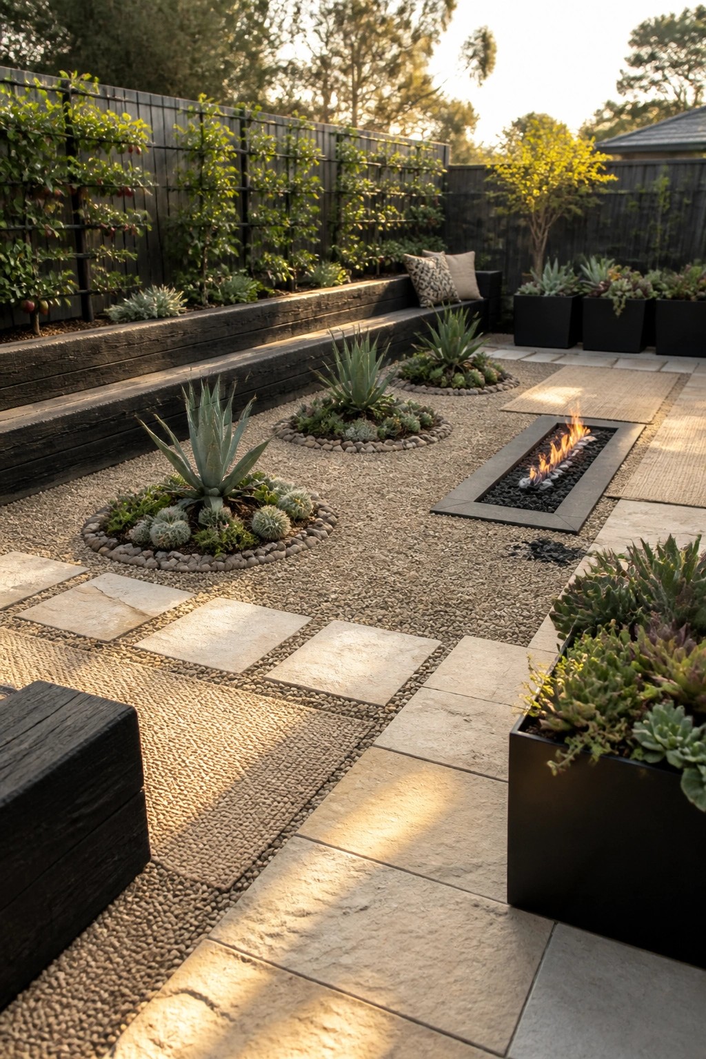 A modern backyard garden featuring gravel ground cover, circular stone-edged beds with agaves and succulents, a rectangular fire pit, and large stone pavers.