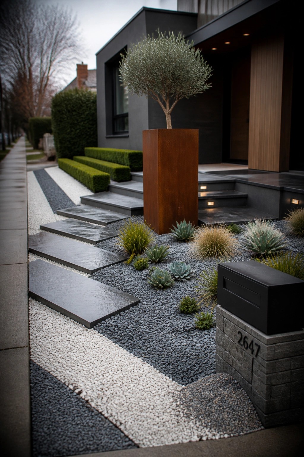 A modern front garden features alternating bands of white and gray gravel, dark stone stepping slabs, and sculptural plants around a tall rusted metal planter holding an olive tree.