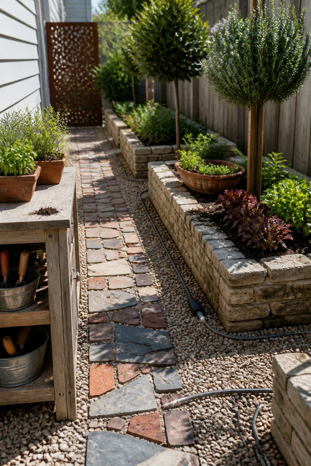 Brick pathway beside raised beds with topiary trees and potted herbs on bench.