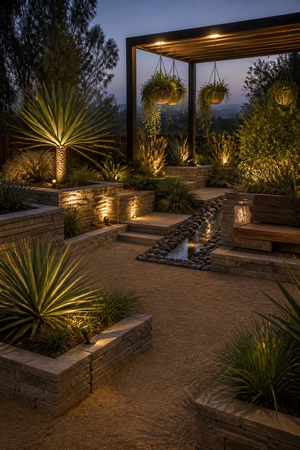 Nighttime garden scene with multiple raised stone beds holding yucca and ornamental grasses, a gravel path, a narrow pebble-lined water feature, and hanging plants under a lit pergola.