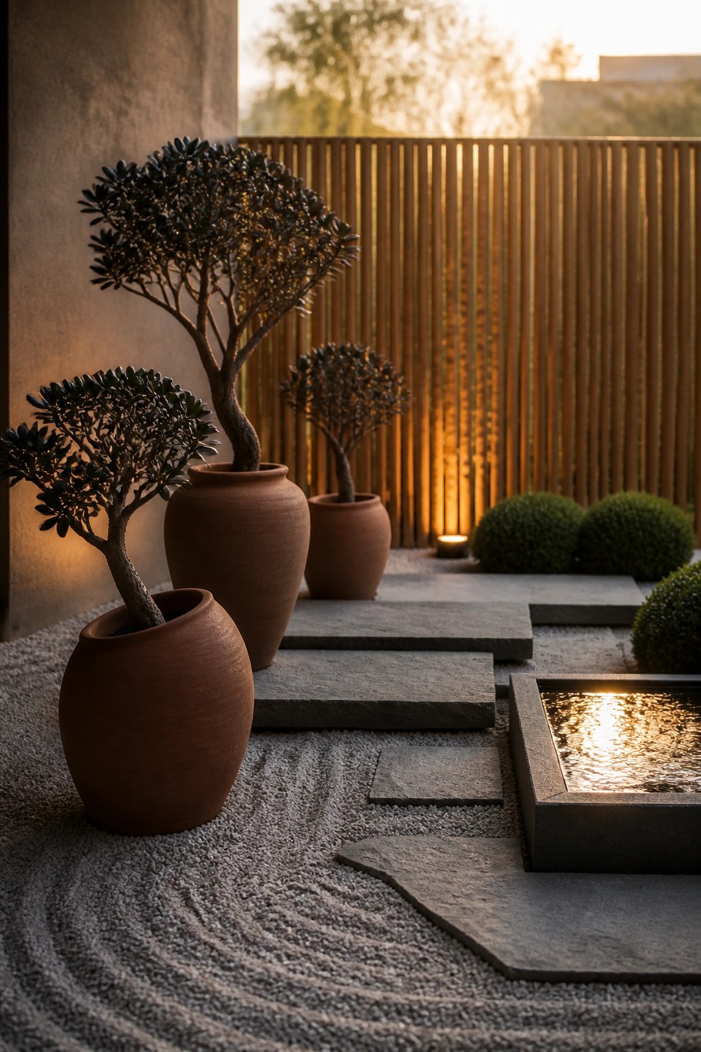 A garden scene with three terracotta pots holding dark sculptural plants set on raked gray gravel, alongside flat stone pavers and a small square water basin reflecting warm light.