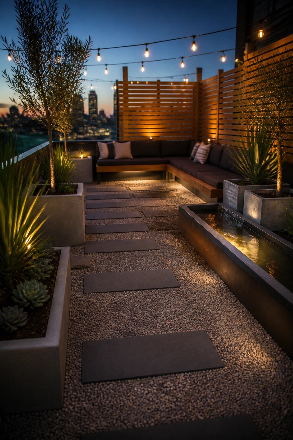 Modern rooftop terrace with string lights, sectional sofa, gravel path, water feature, and skyline.