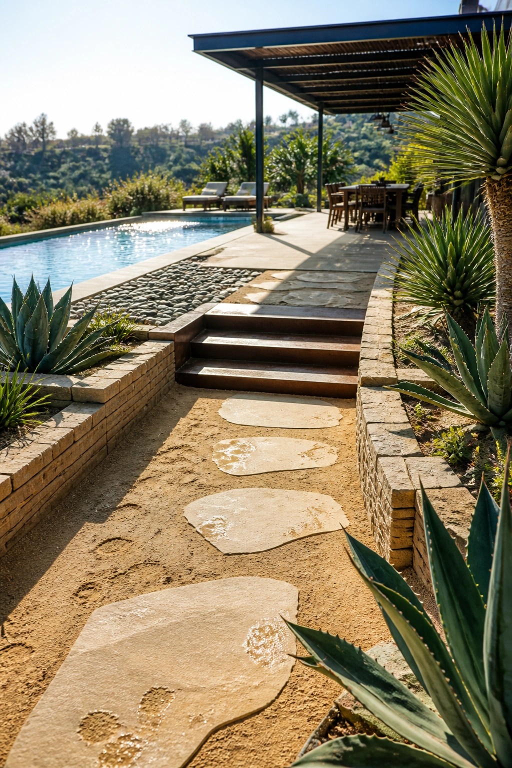 A garden path of large irregular stone stepping stones set in sand with agave plants along brick borders and steps leading toward a pool deck.