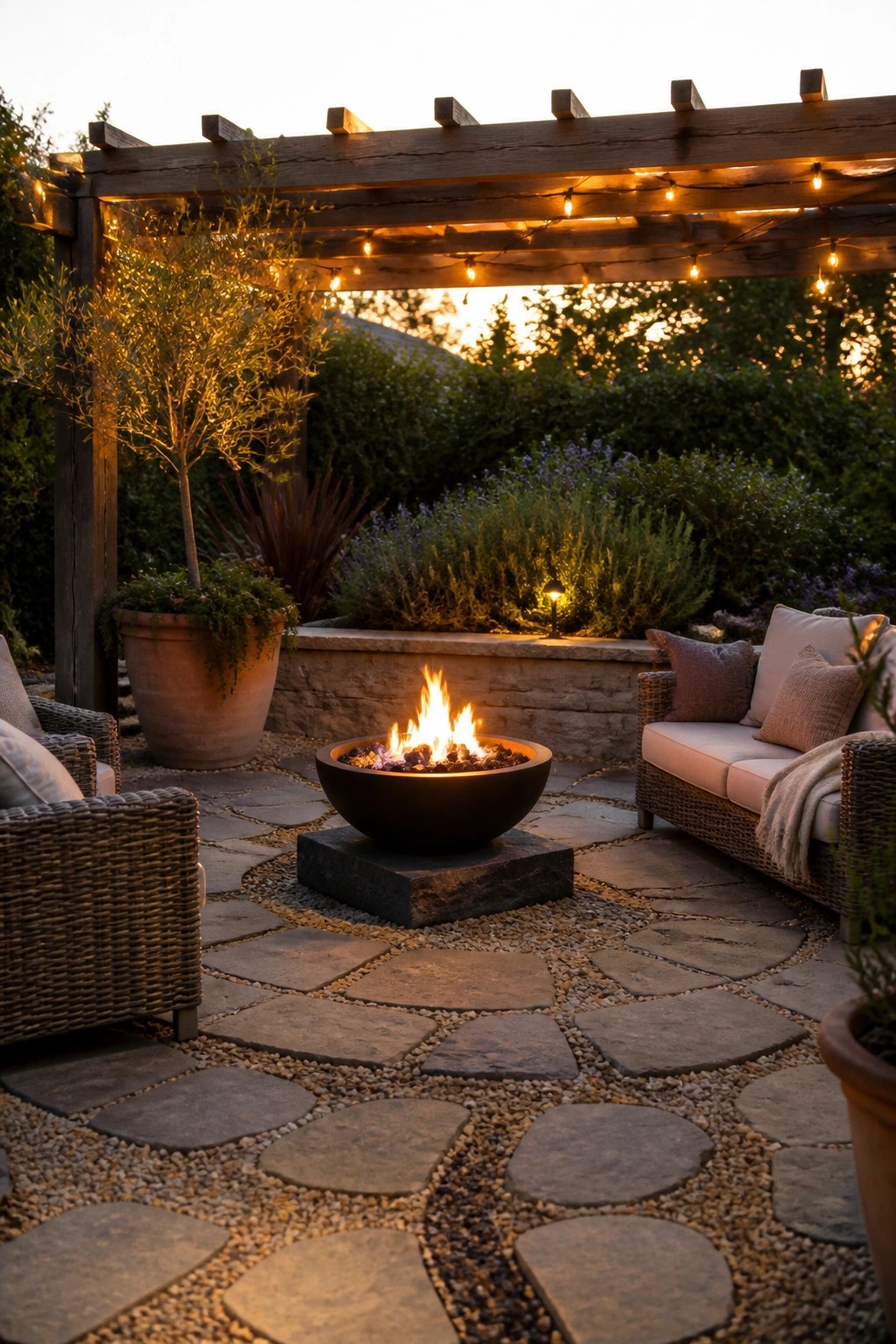 A round black fire pit on a stone base sits centered on a patio of irregular flagstone pavers set in gravel, with wicker seating, potted plants, and a wooden pergola strung with lights.