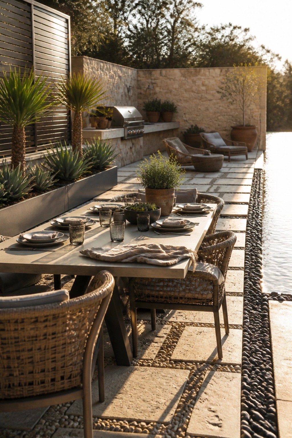 An outdoor dining table set on large stone pavers with gravel borders, surrounded by woven chairs and large potted plants next to a stone wall.