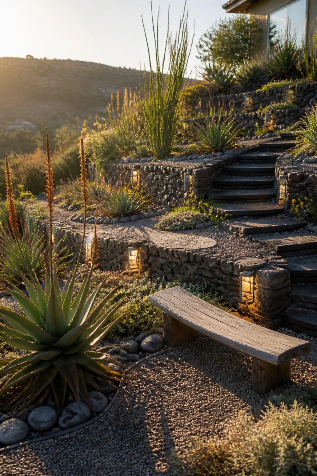 A terraced hillside garden with stacked stone walls, gravel paths, wooden steps, and large agave plants in the foreground.
