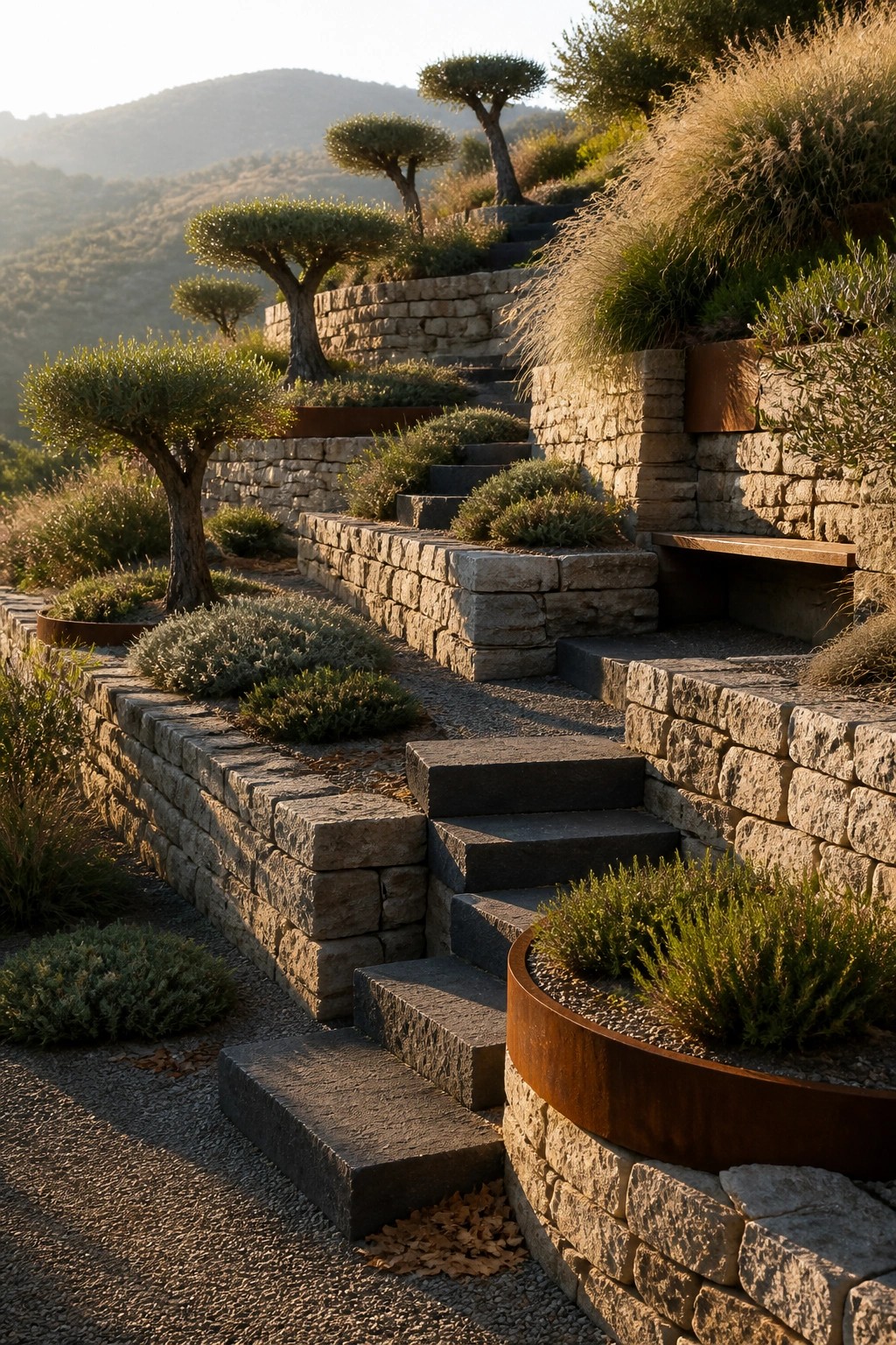 Stone terraces with stairs, olive trees, and rusted metal planters at sunset
