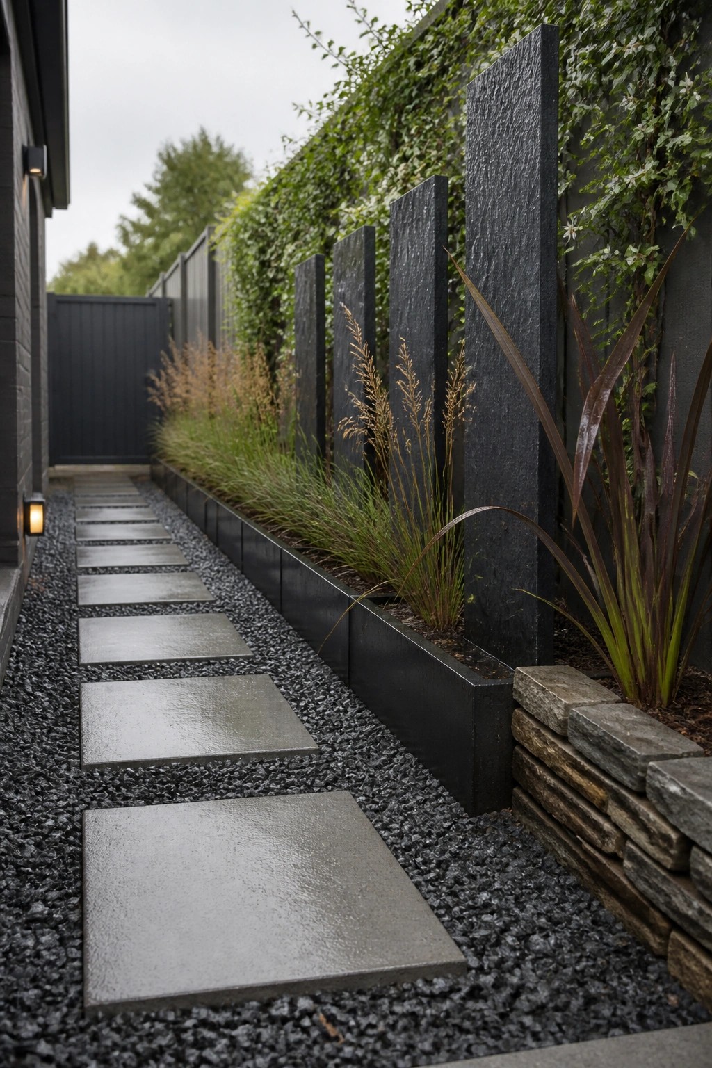 A narrow gravel path with square stone pavers runs beside a long black metal planter divided by tall vertical dark stone slabs and planted with grasses and tall foliage.