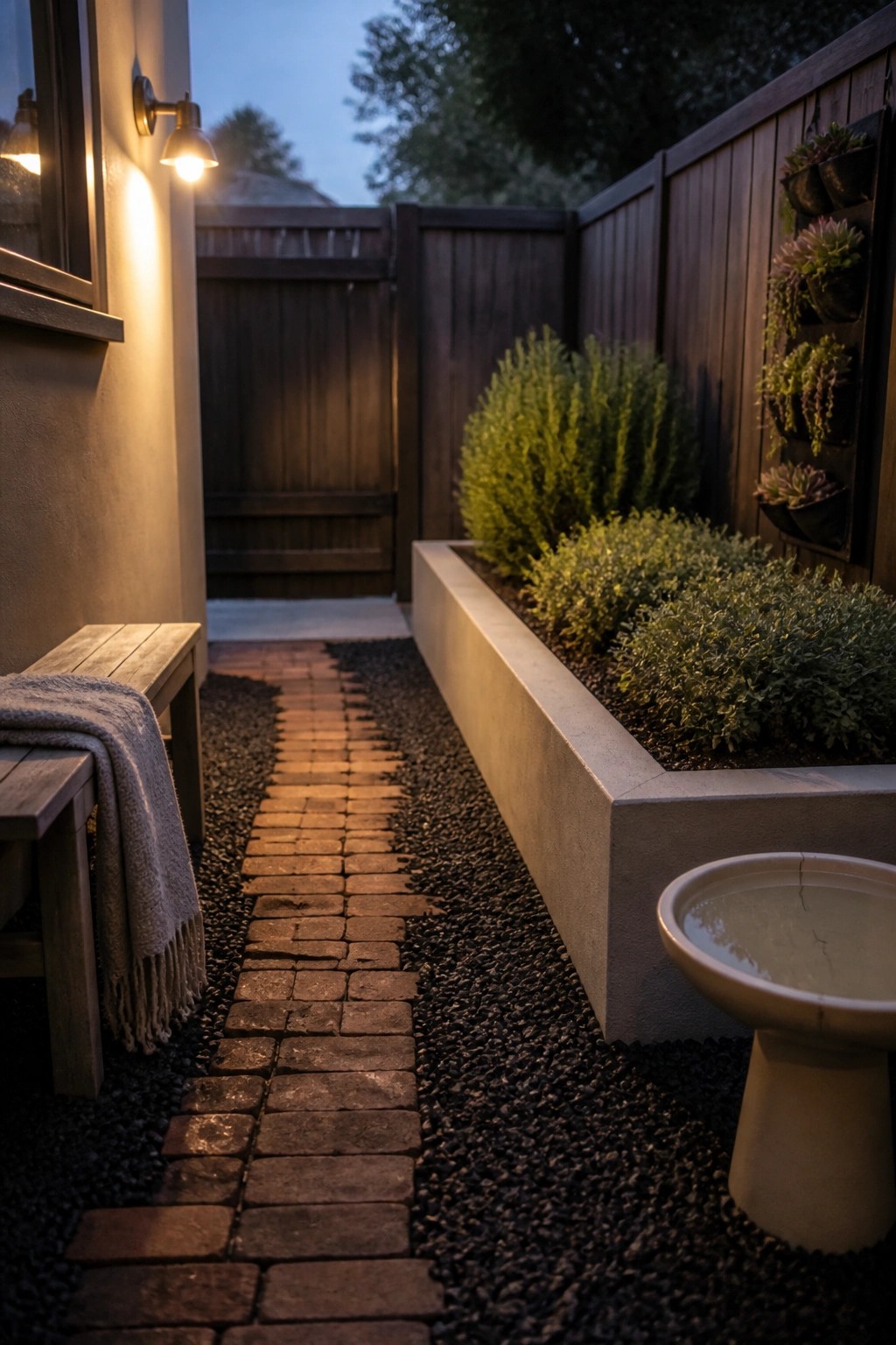 A narrow brick path runs through dark gravel next to a long concrete raised bed with green shrubs, a wooden bench on the left, and a birdbath in the foreground.