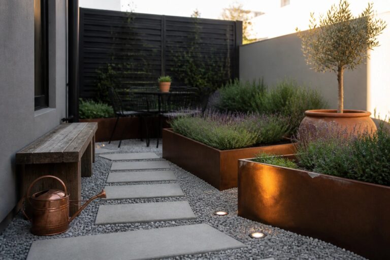 22 Modern Small Garden Ideas Focused on Gravel, Raised Beds, and Minimal Planting A narrow outdoor garden path of gravel with rectangular concrete stepping stones, bordered by raised metal planters with green and purple plants and a large round pot holding a small tree.