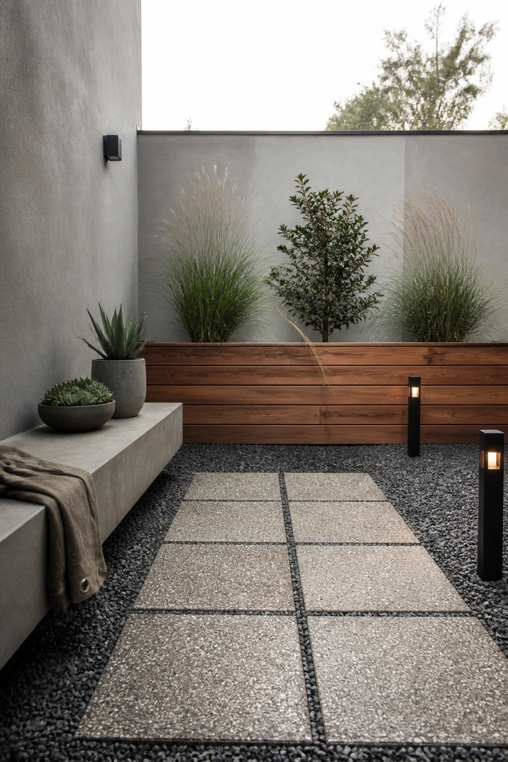 A small modern garden with a walkway of large square pavers set in dark gravel, next to a wooden raised bed with plants and a concrete bench on the left.