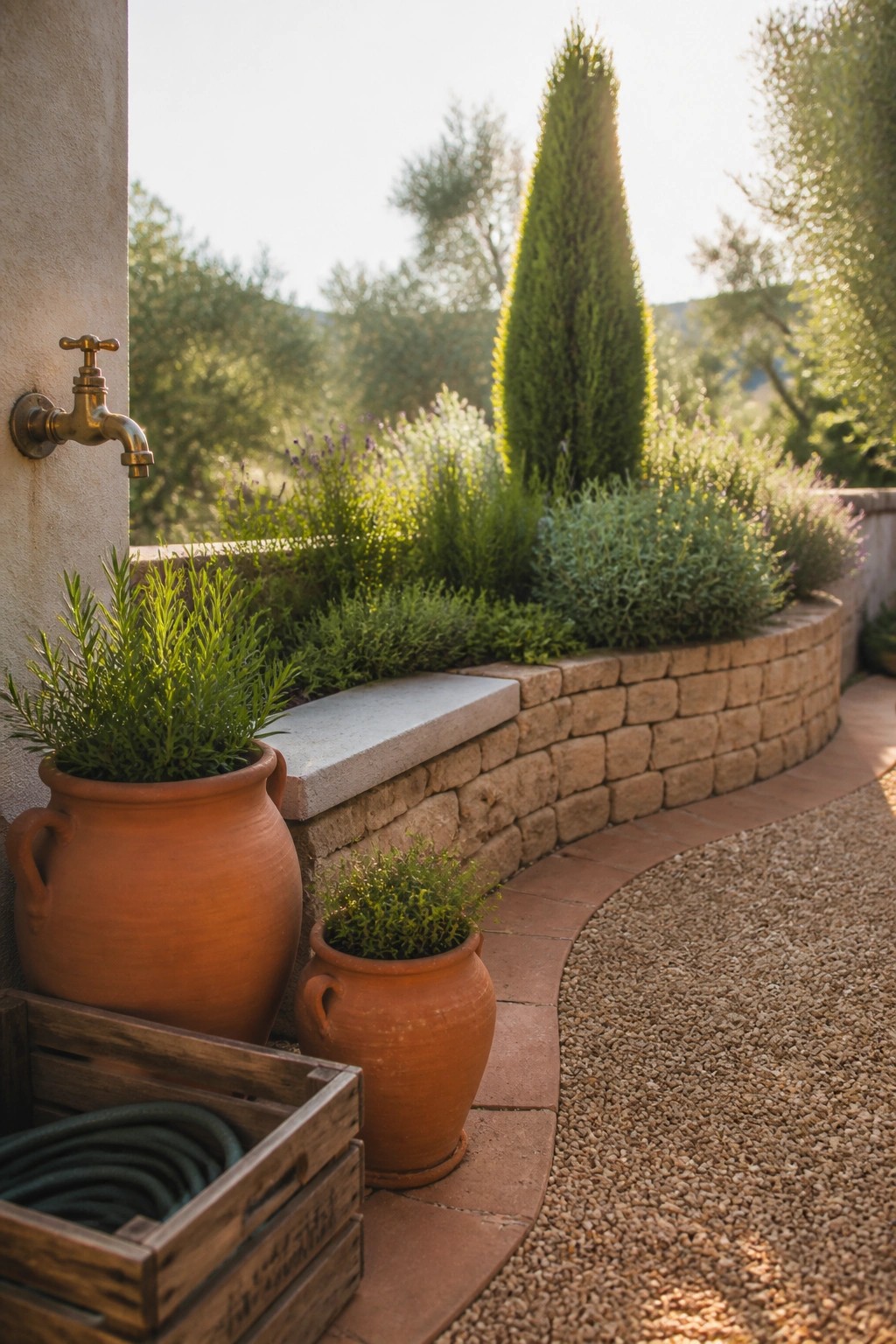 A garden scene with a curved stone raised bed, gravel path, and several terracotta pots holding green plants beside a wall with a brass faucet.