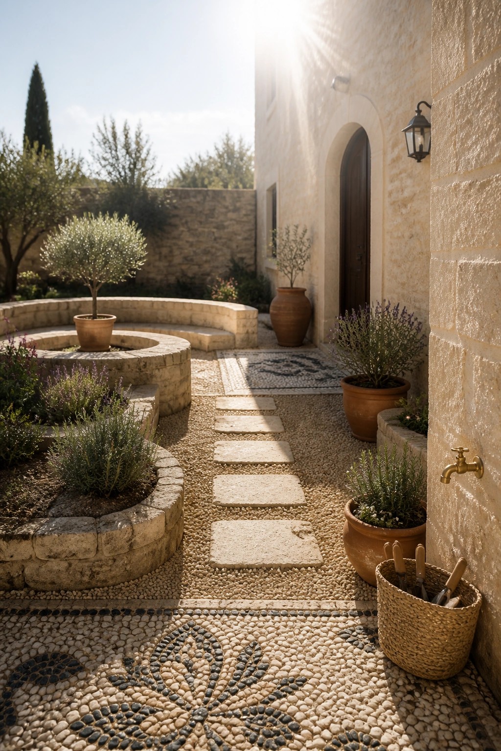 A sunlit garden courtyard with gravel paths, stone stepping stones, circular raised stone beds holding small plants and pots, and a stone building with an arched wooden door.
