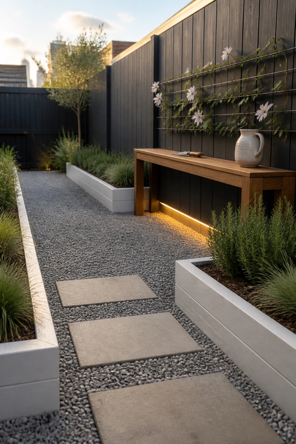Modern garden path with gravel, stepping stones, wooden bench, and flower trellis on dark wall