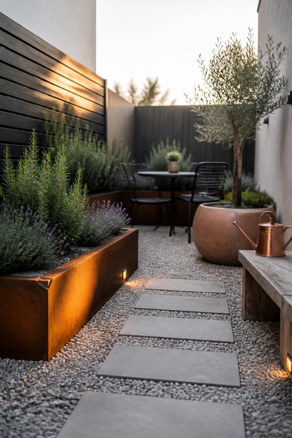 A narrow outdoor garden path of gravel with rectangular concrete stepping stones, bordered by raised metal planters with green and purple plants and a large round pot holding a small tree.