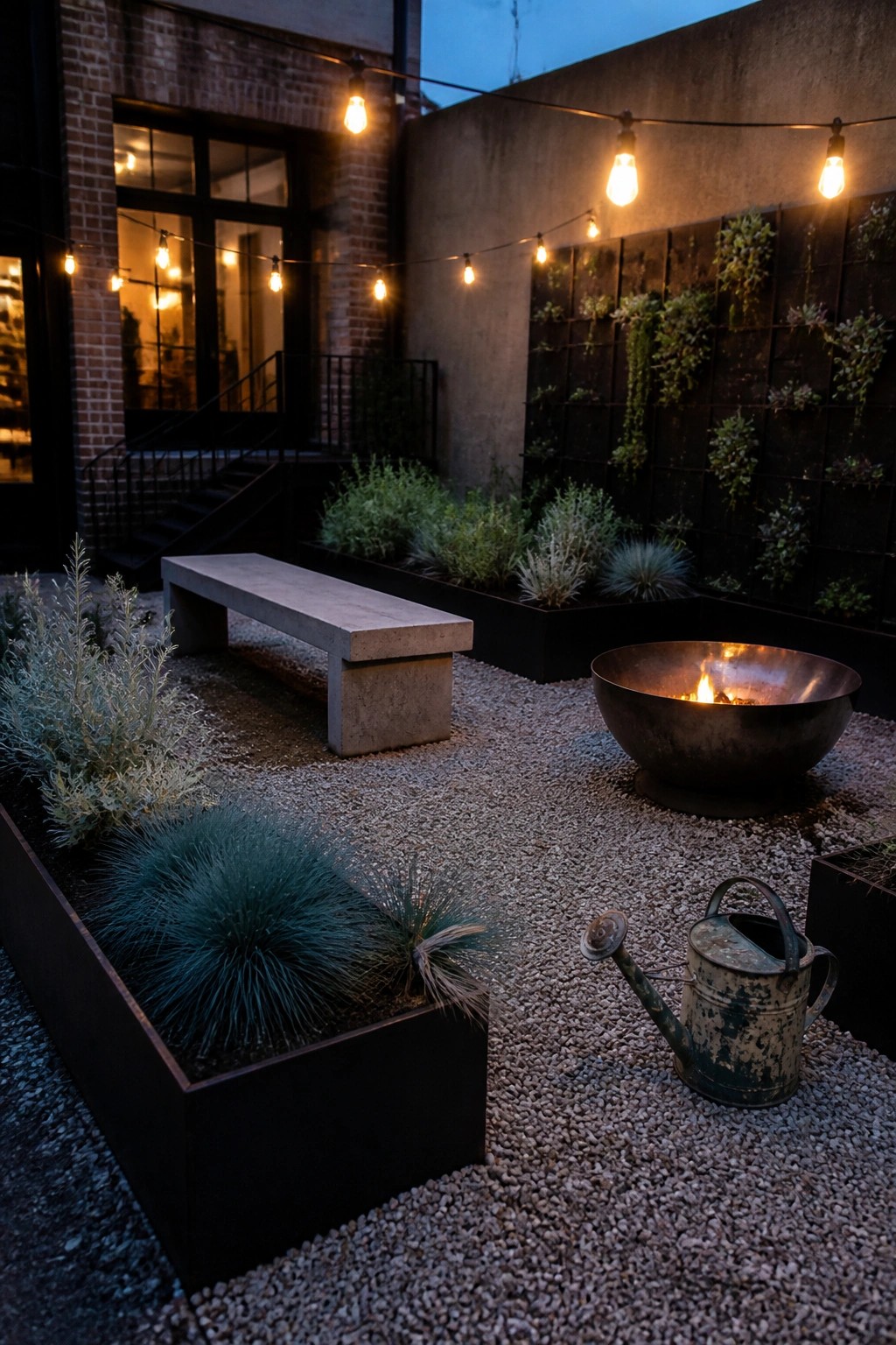 A small urban courtyard at dusk with gravel covering the ground, black metal raised beds holding grasses and shrubs, a concrete bench, a round metal fire pit, and string lights overhead.