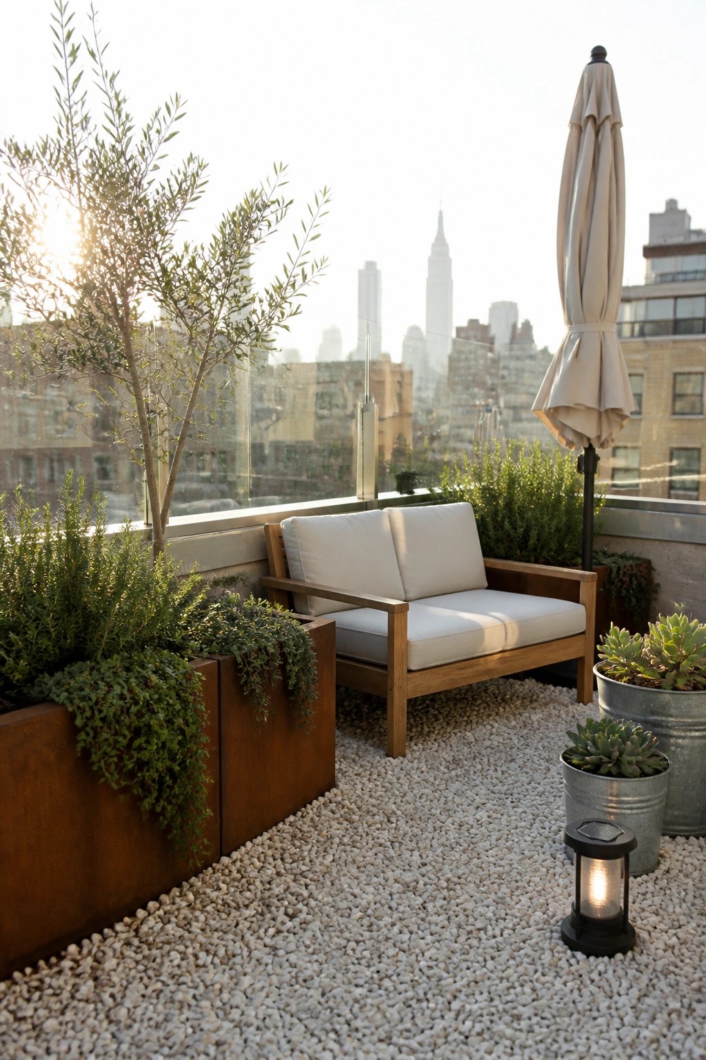 Rooftop patio with wooden bench, plants, closed umbrella, lantern, and city skyline