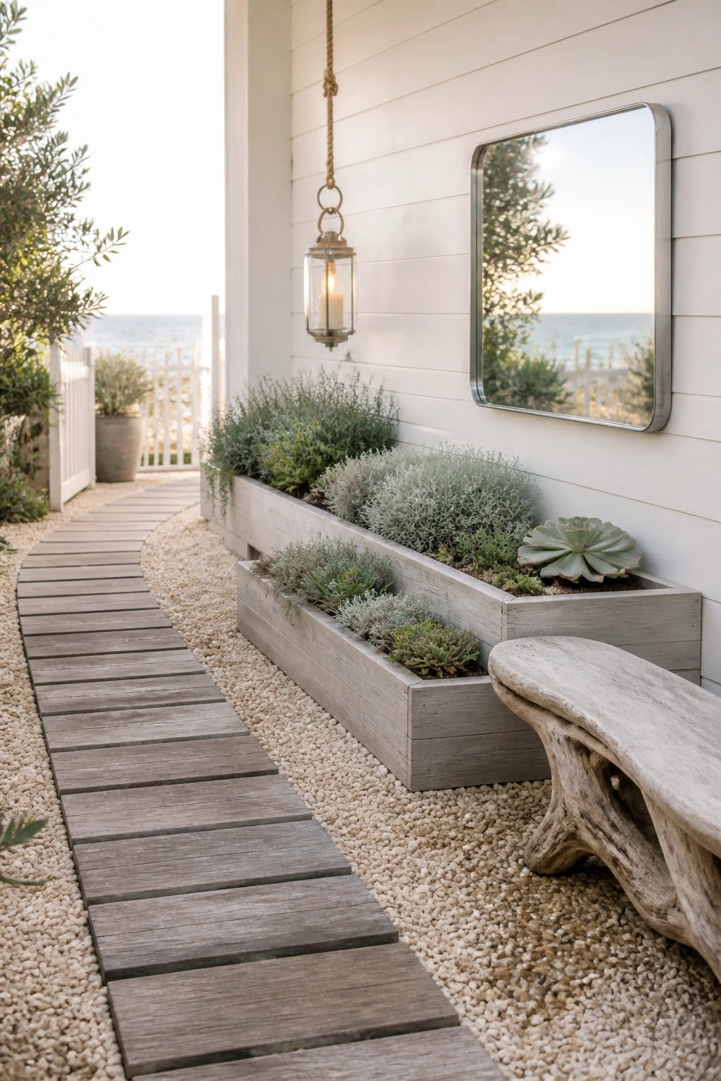 A narrow gravel garden with two long wooden raised beds holding sparse plants, a wooden plank path, and a weathered bench beside a white wall with a hanging lantern and mirror.