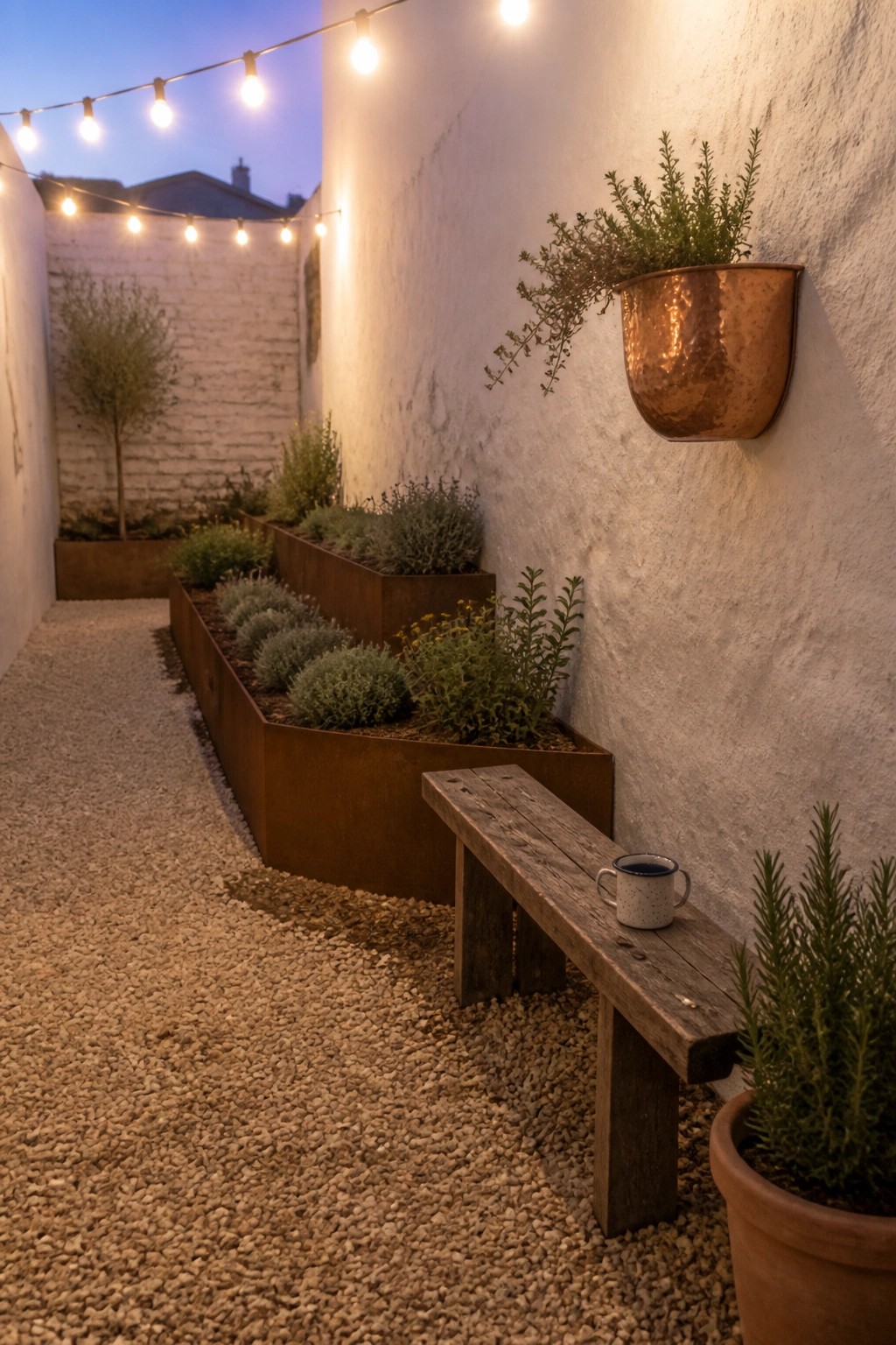 A narrow gravel garden path lined with long rusted metal raised beds containing low shrubs and a wooden bench on the right side.