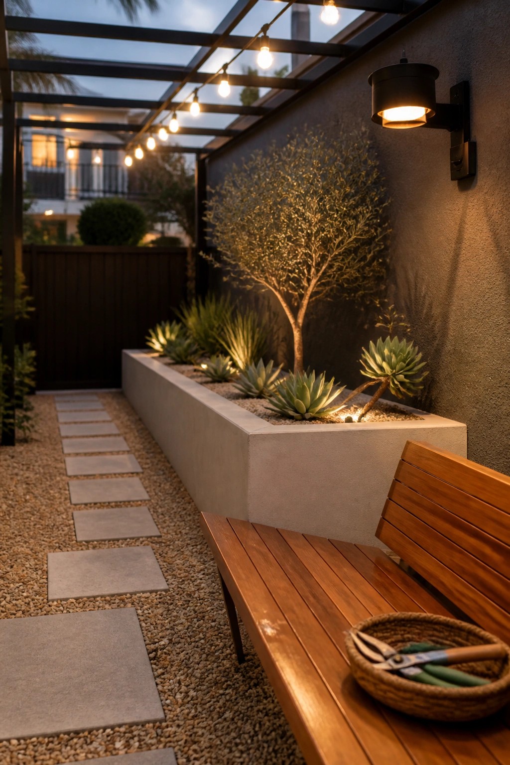 A narrow concrete raised garden bed with gravel and sparse succulents sits beside a gravel path lined with rectangular stone pavers, with a wooden bench visible in the foreground.