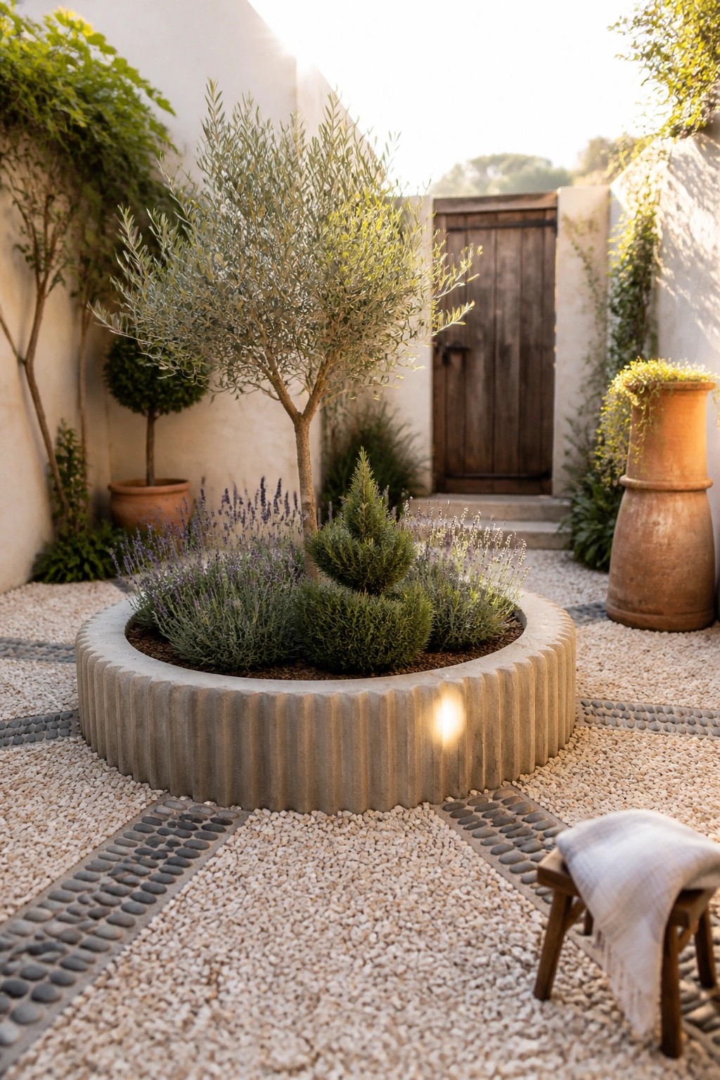 A circular fluted concrete raised bed containing an olive tree and lavender sits in a gravel courtyard with pebble-lined paths, a large terracotta pot, and a wooden door in the background.