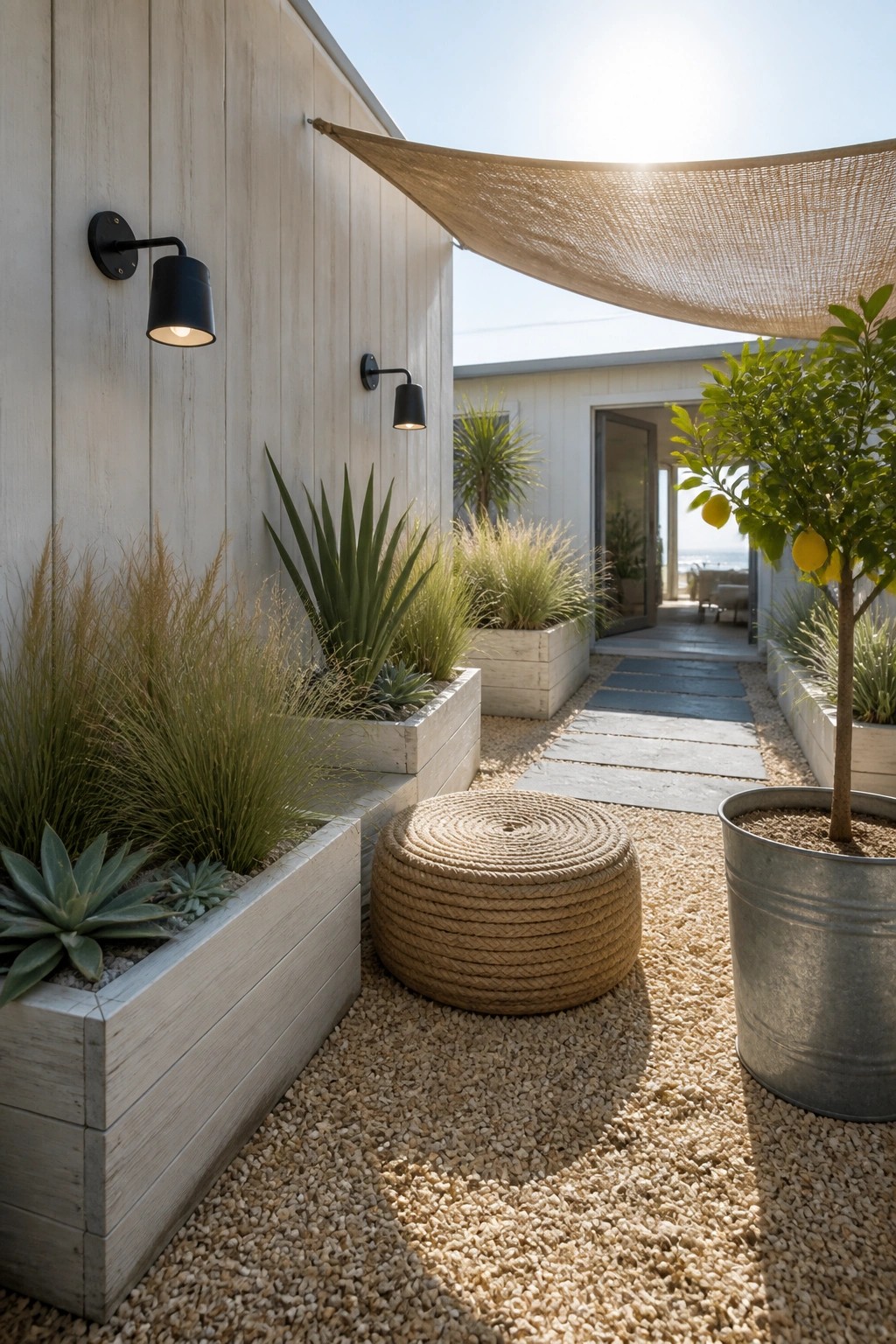 A gravel courtyard with wooden raised beds containing grasses and succulents, a woven ottoman, a lemon tree in a metal pot, and black wall lights on a light wood wall.