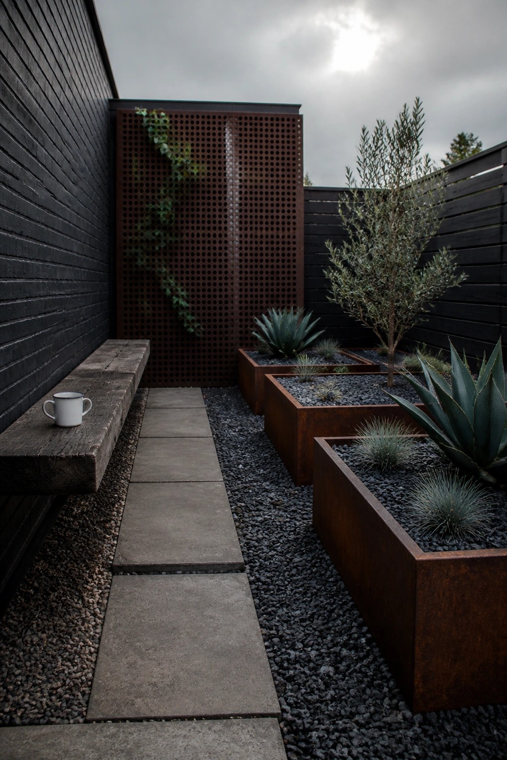 A narrow garden path made of concrete pavers runs through dark gravel beside a wooden bench and several rectangular rusted metal raised beds planted with agaves and a small tree.