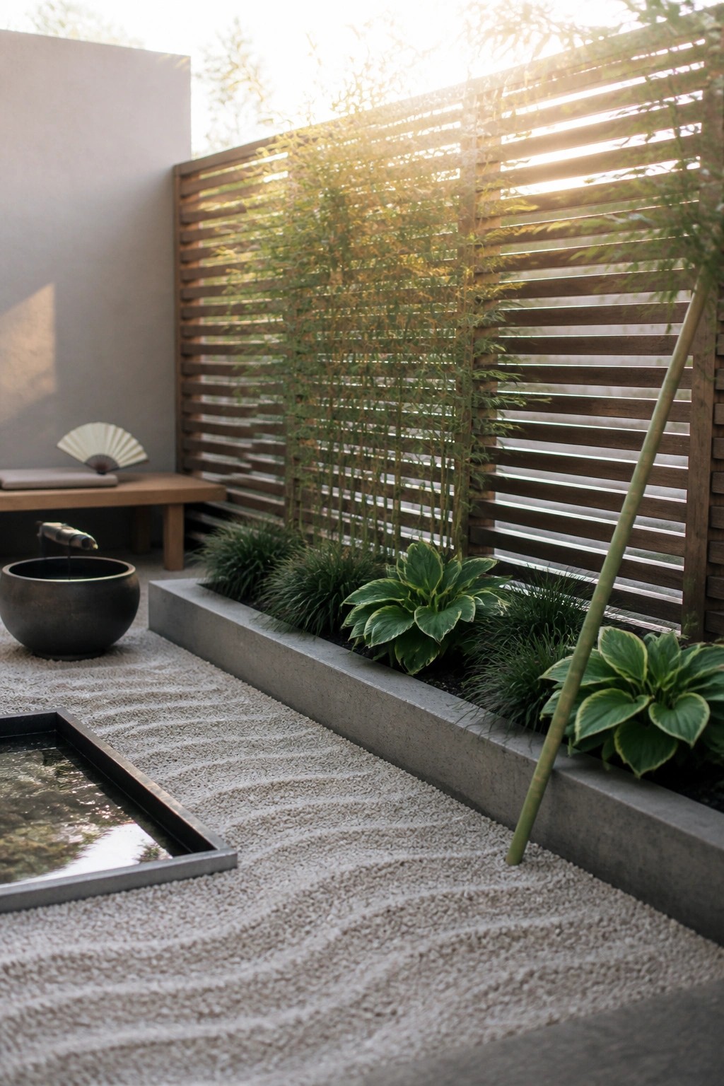 A small garden features raked gravel, a long concrete raised bed with hostas and ornamental grasses, a wooden slatted fence behind the bed, and a dark stone water basin on the left.