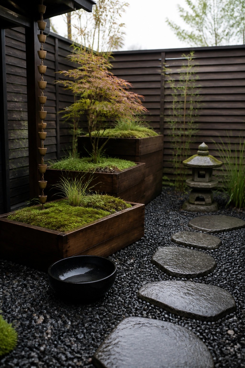 A garden corner with dark wooden raised beds planted with moss and small trees, a gravel surface with large stepping stones, and a stone lantern near a dark fence.