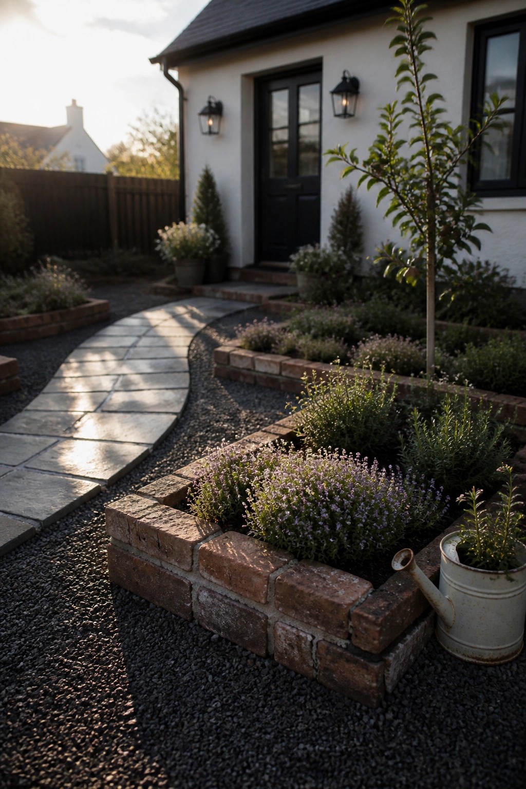 Brick garden beds with blooming lavender beside curved stone path to white house