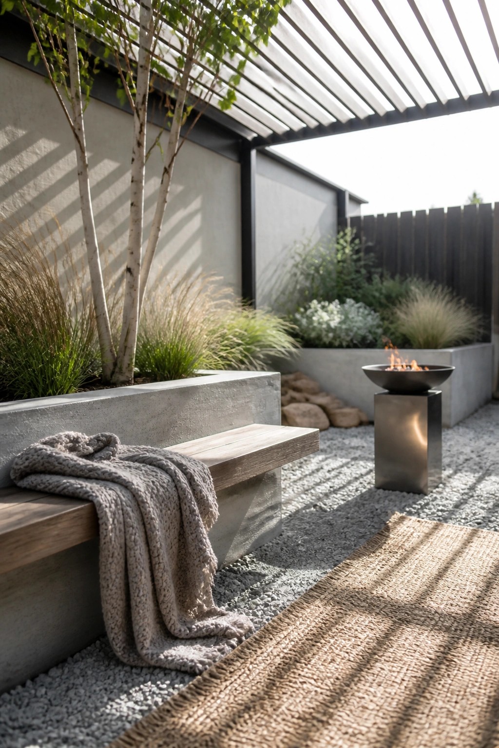 Modern courtyard with bench, knitted blanket, fire pit and concrete planters.