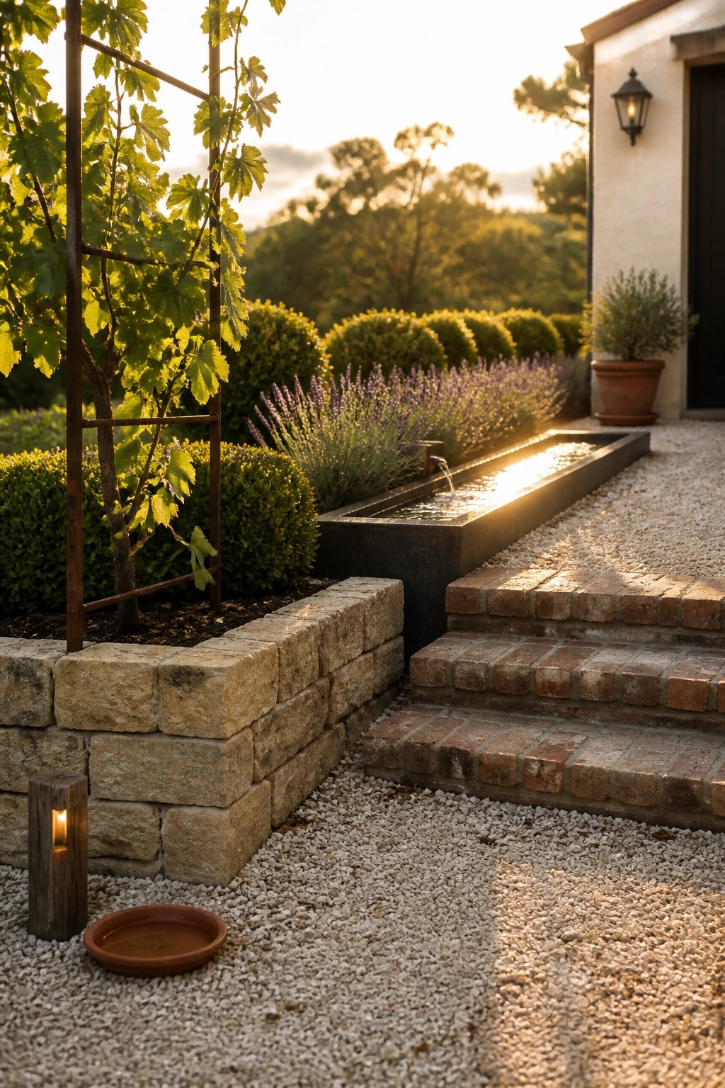 A garden with a raised bed of stacked stone blocks, gravel ground cover, a metal trellis with vines, lavender planting, and a narrow water feature next to brick steps.