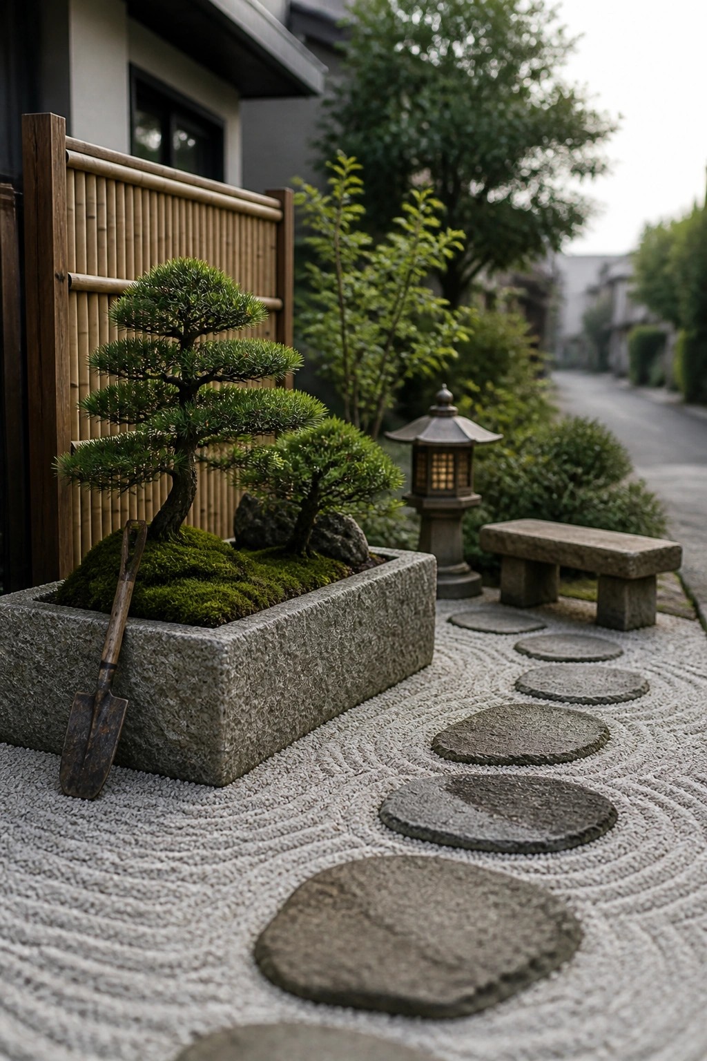 A rectangular stone raised bed holds two small evergreen trees in moss, with an old shovel leaning against the side, next to a raked gravel path with round stepping stones and a stone lantern nearby.
