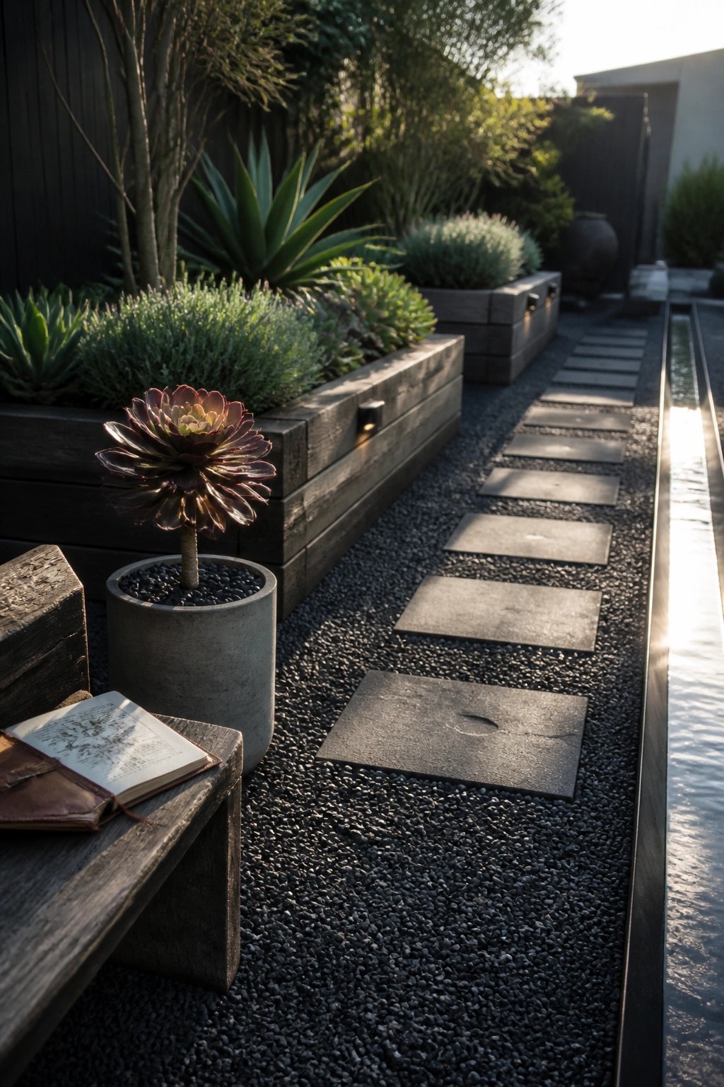 A narrow garden path made of rectangular stepping stones set in dark gravel, lined with wooden raised beds containing succulents and other plants.