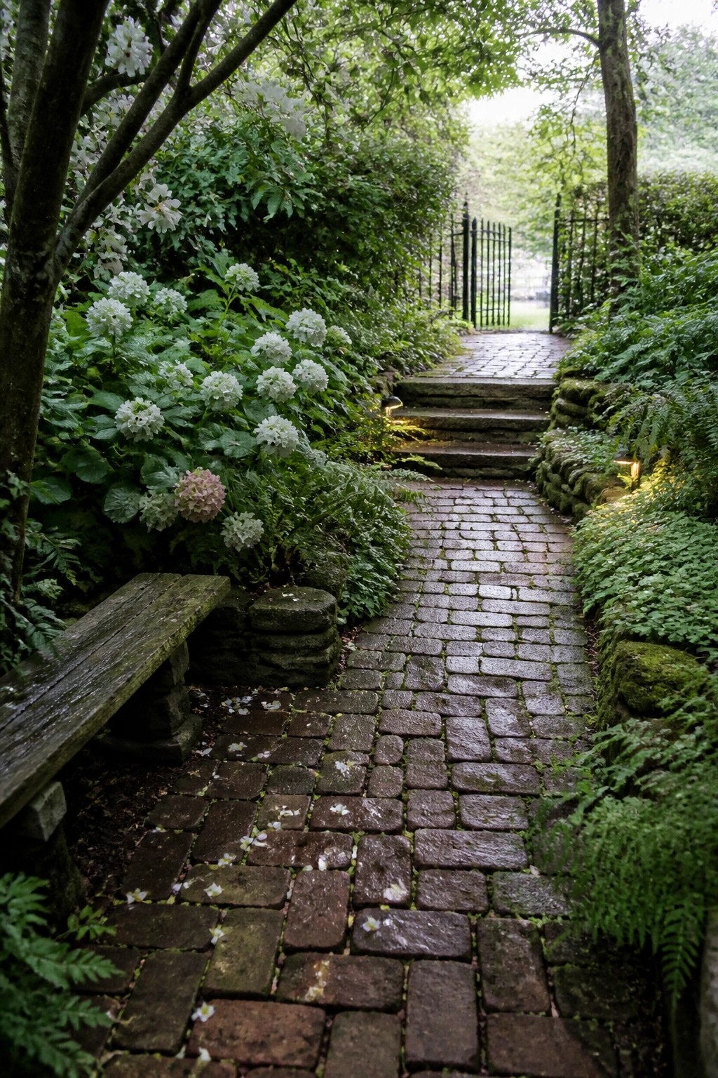 A brick garden path bordered by white hydrangeas and ferns leads up stone steps to a black metal gate, with a wooden bench on the left.