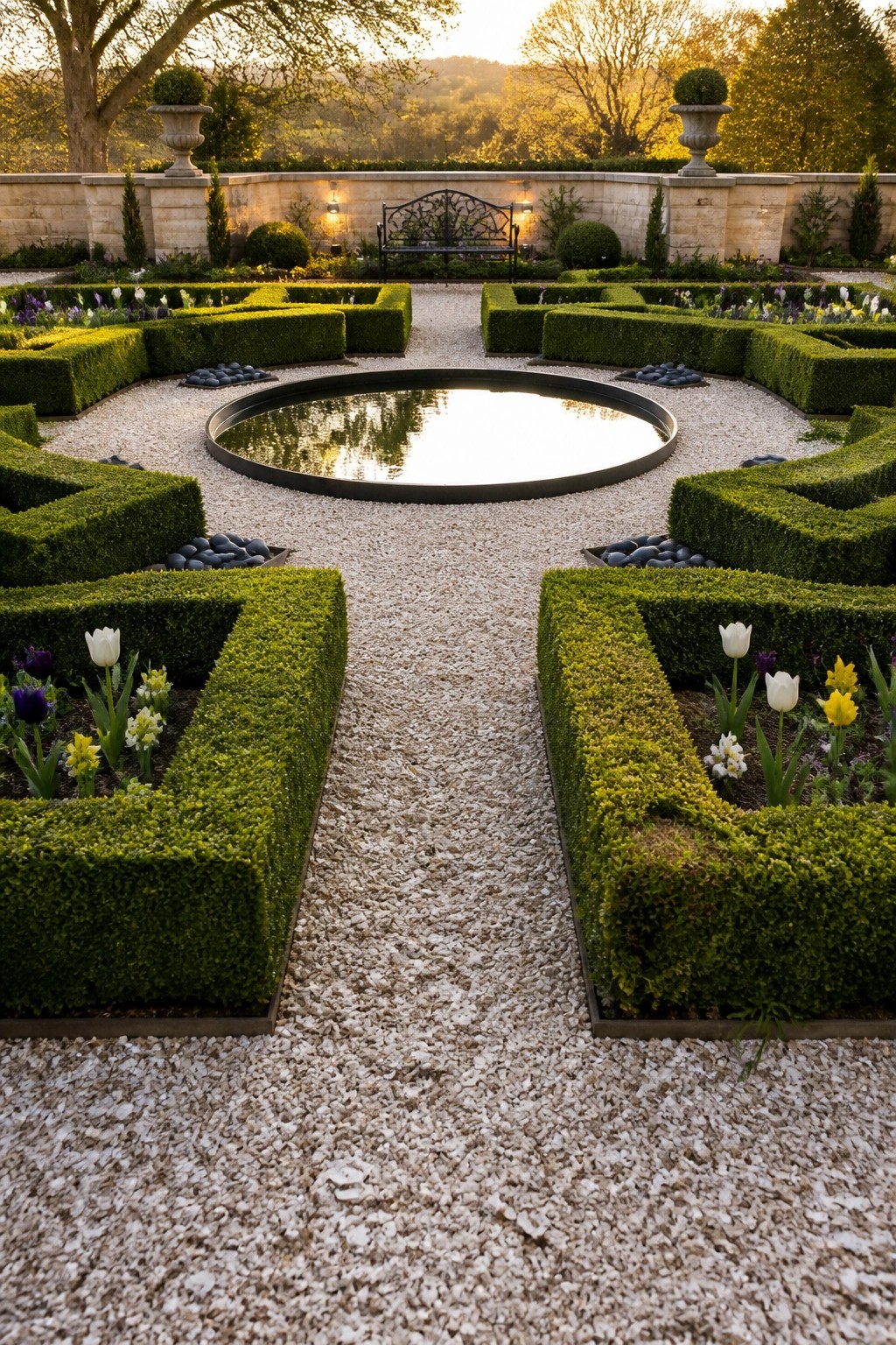 Formal garden with circular pond, geometric hedges, gravel paths, and bench at sunset.