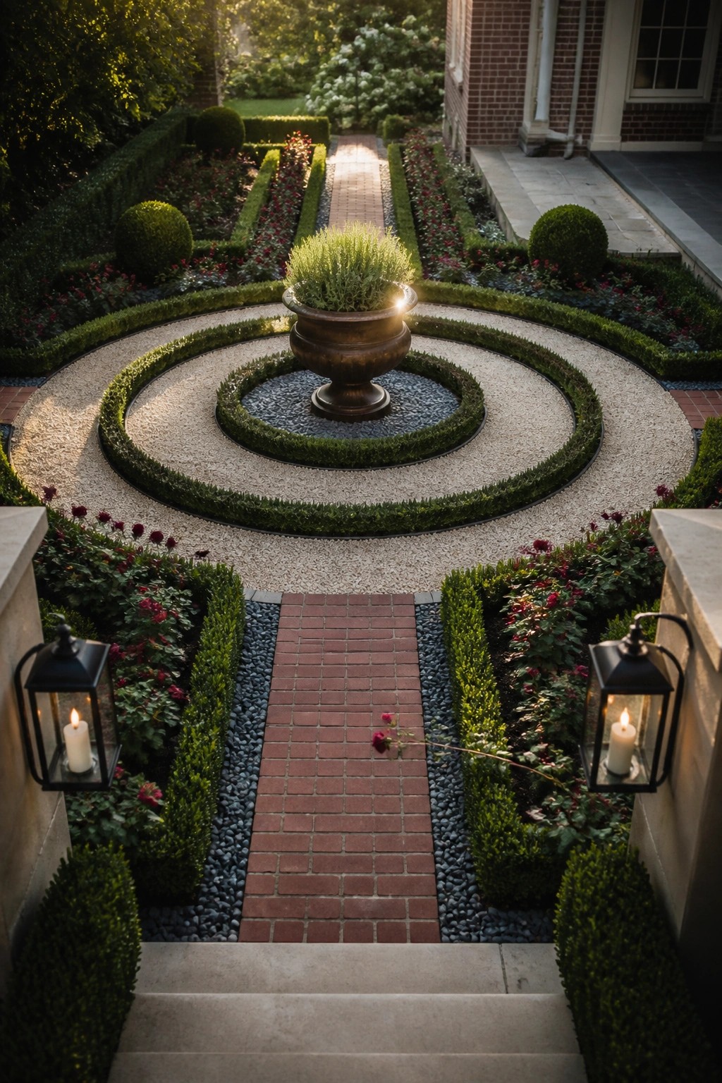 A formal garden with concentric circular hedges surrounding a large bronze urn, crossed by straight brick pathways, and steps with black lanterns at the foreground leading toward a brick house.