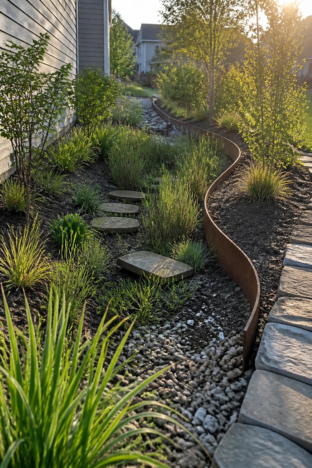 A narrow garden bed with stepping stones, gravel, and plants bordered by a long curved metal edge next to a house.