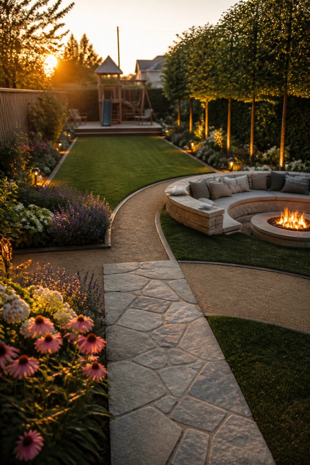 A curved stone pathway leads through a garden past flower beds toward a circular stone fire pit with surrounding seating at sunset.