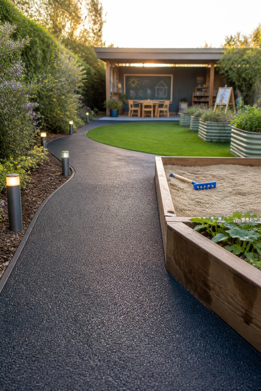 Curved lighted path beside sandbox, raised beds, and lawn at dusk.