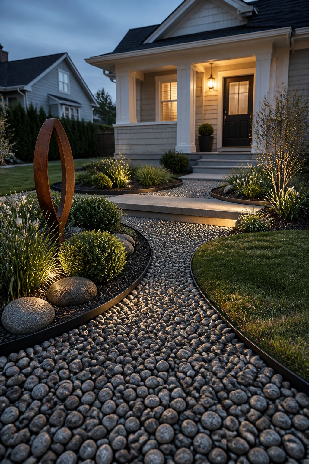 A front yard featuring a winding gravel path with curved metal edging around planted beds leading toward a house entrance.