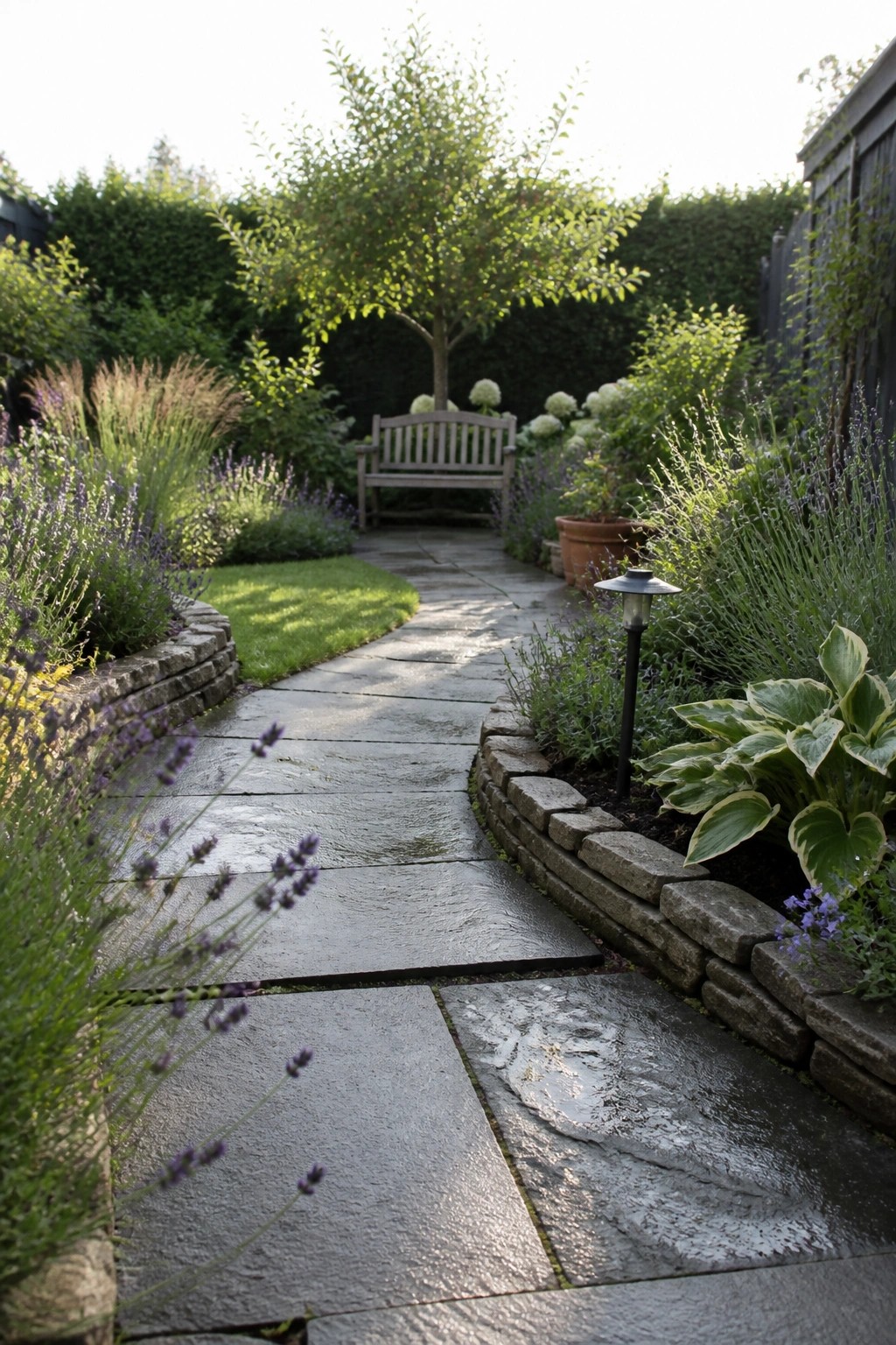A curved stone pathway runs through a garden bordered by lavender and hostas in low stone beds, with a wooden bench visible in the distance.