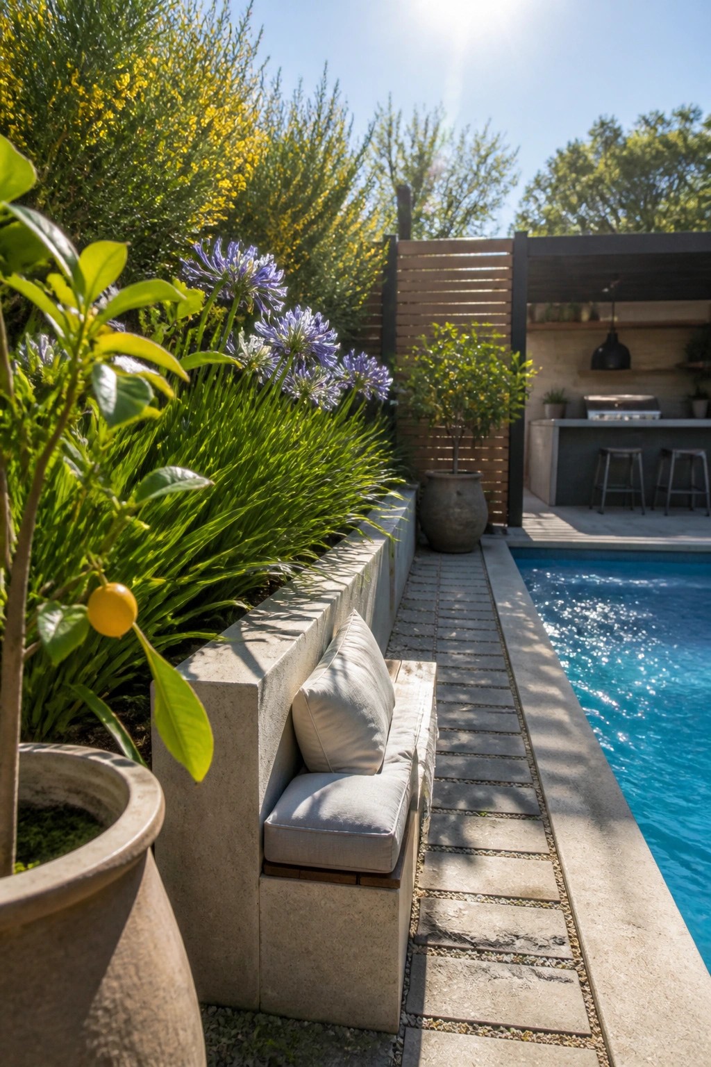 Sunny poolside patio with concrete bench, cushions, and lush blooming garden plants