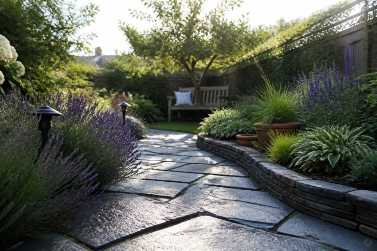 A curved stone pathway runs through a garden bordered by lavender and hostas in low stone beds, with a wooden bench visible in the distance.