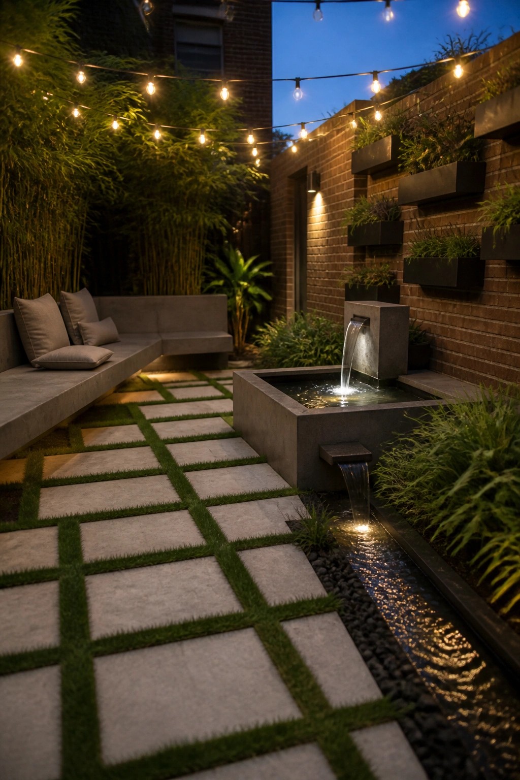 A garden at dusk with a grid of large stone pavers separated by grass strips, a concrete water feature on the right, built-in concrete seating on the left, and string lights overhead.