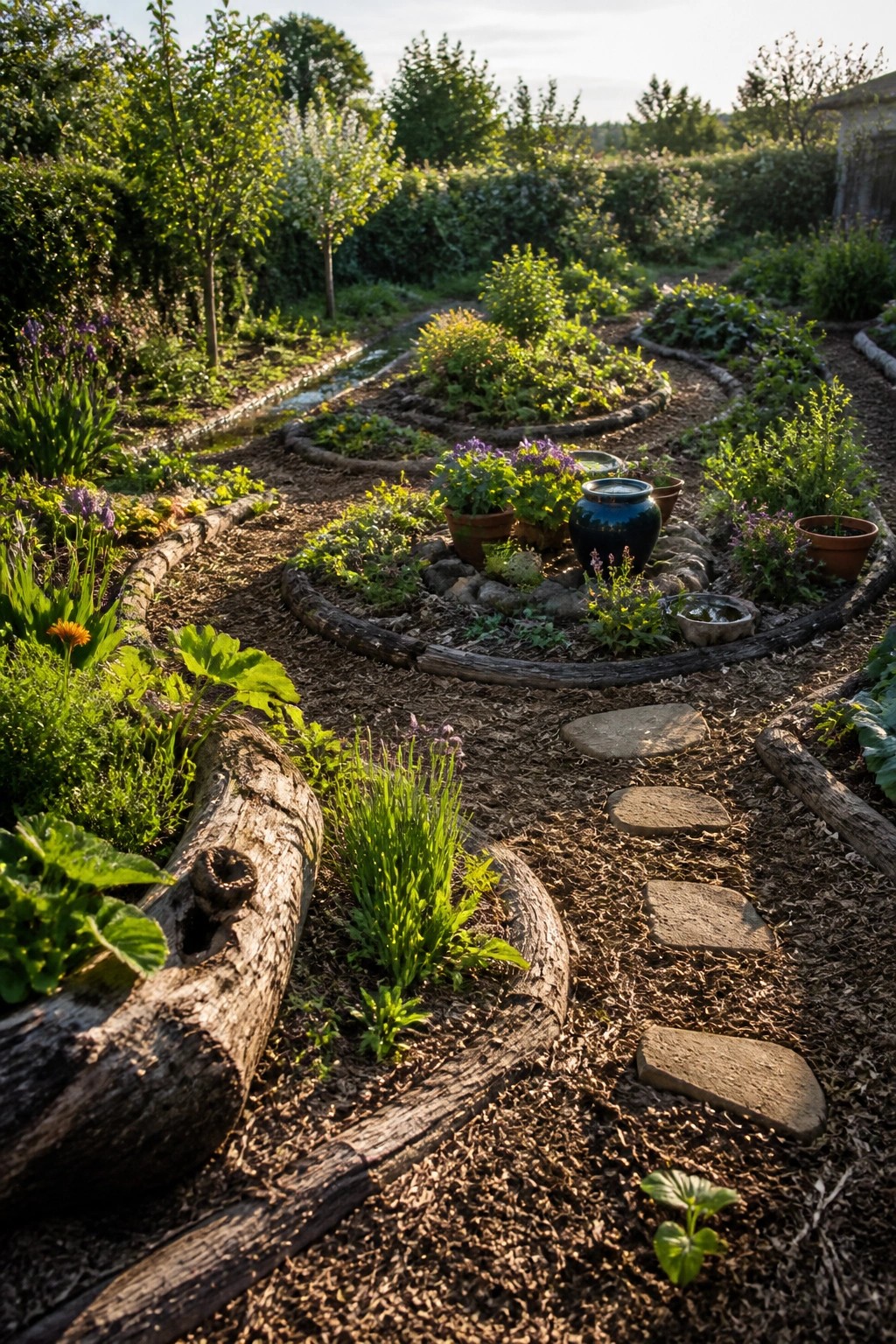 A garden view showing curved beds bordered by wooden logs, with mulch paths and stone stepping stones winding past plants and pots.