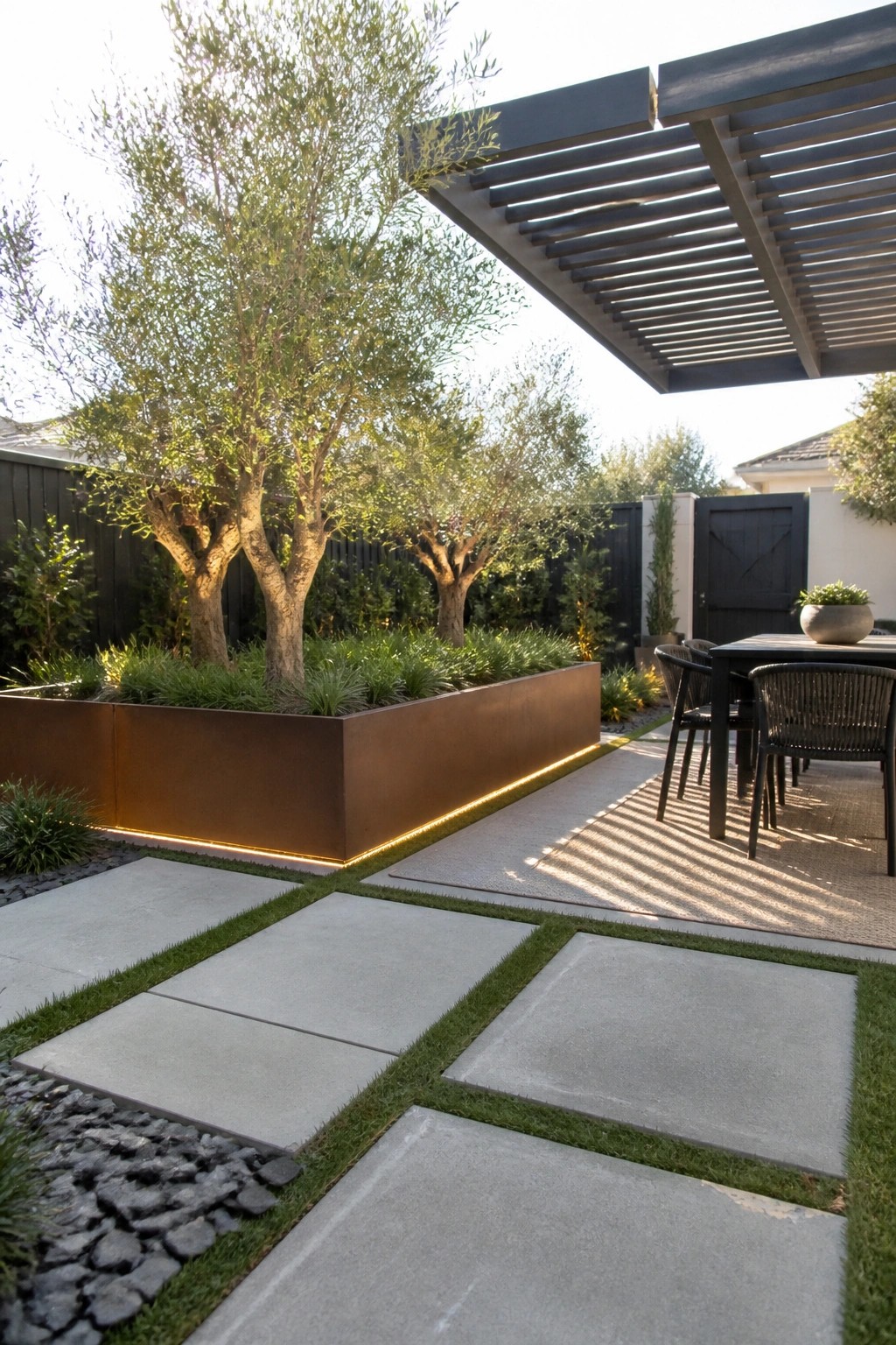 Modern patio with illuminated corten planter, olive trees, pavers, and dining set.