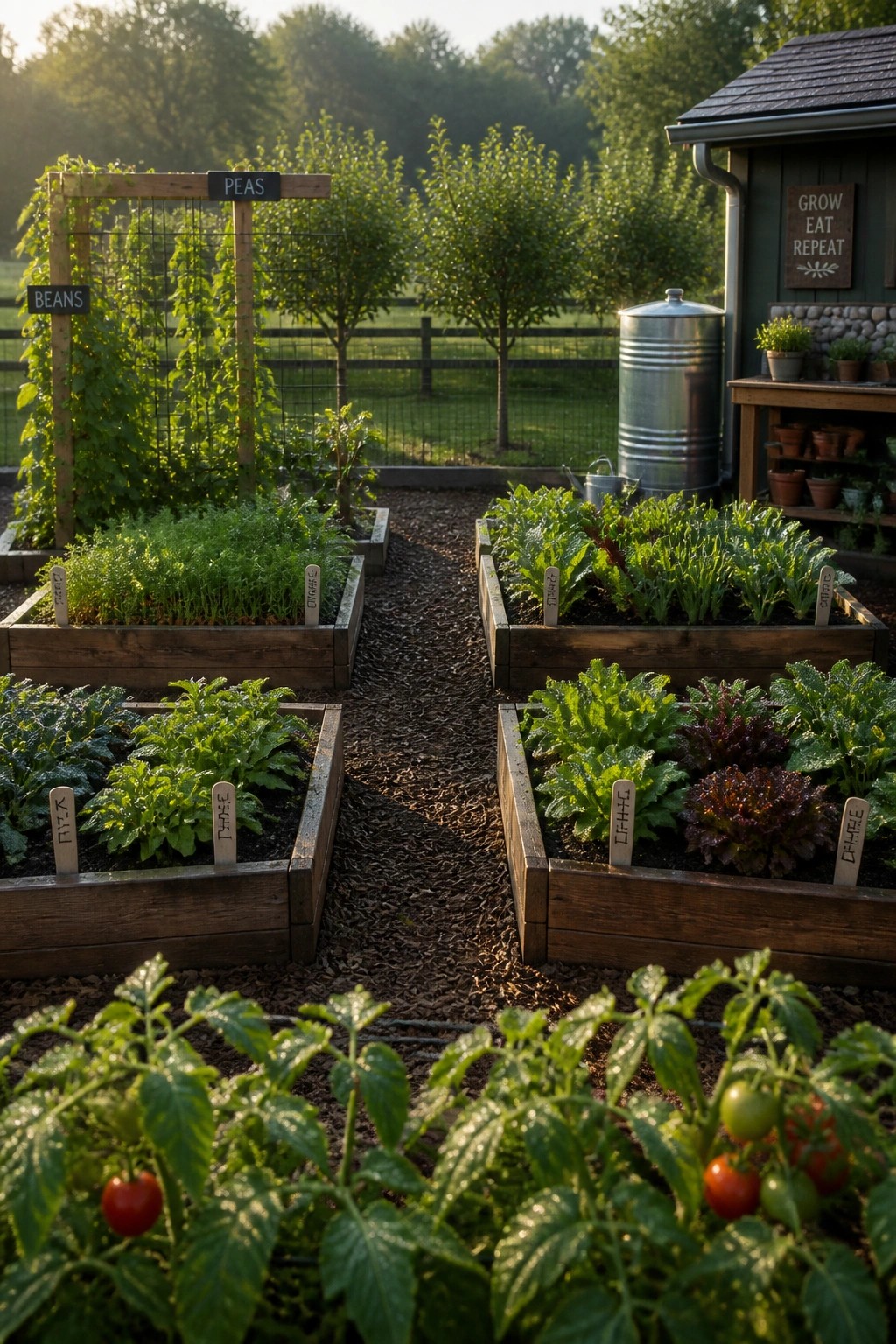 A vegetable garden with multiple rectangular wooden raised beds separated by gravel paths, featuring climbing plants on a trellis, plant labels, and a metal water tank near a shed.